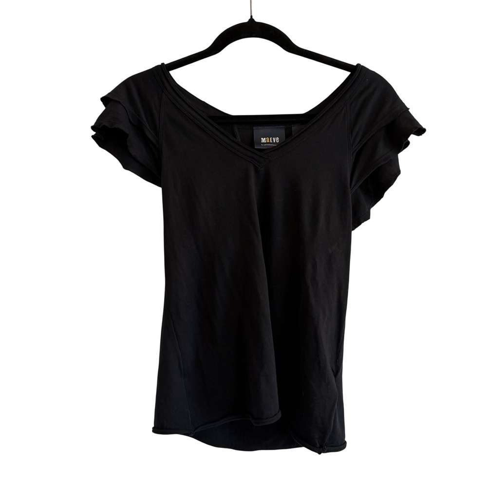 Maeve Anthropologie Black Ruffle Sleeve V-Neck Knit Tee Top XS